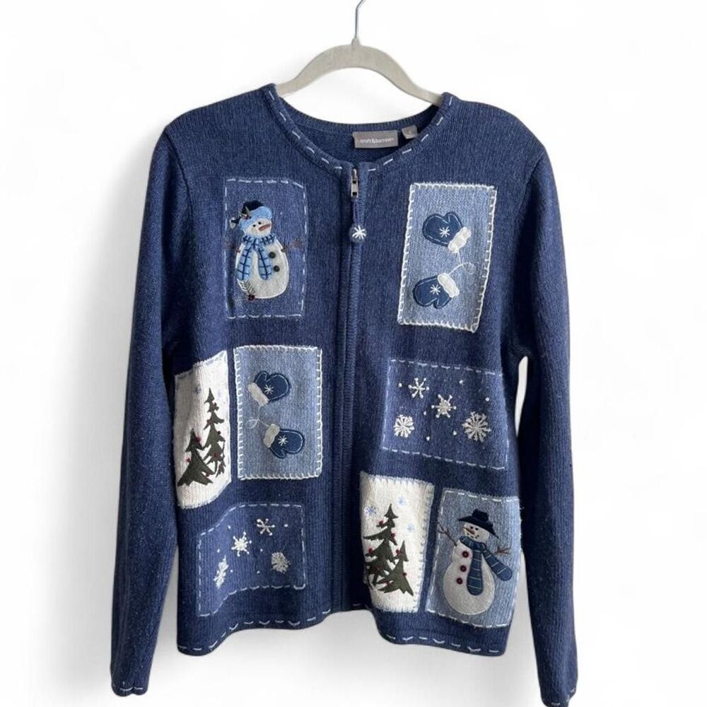 Vintage 90s Christmas Holiday Snowman Patchwork Cardigan Sweater Women's Small